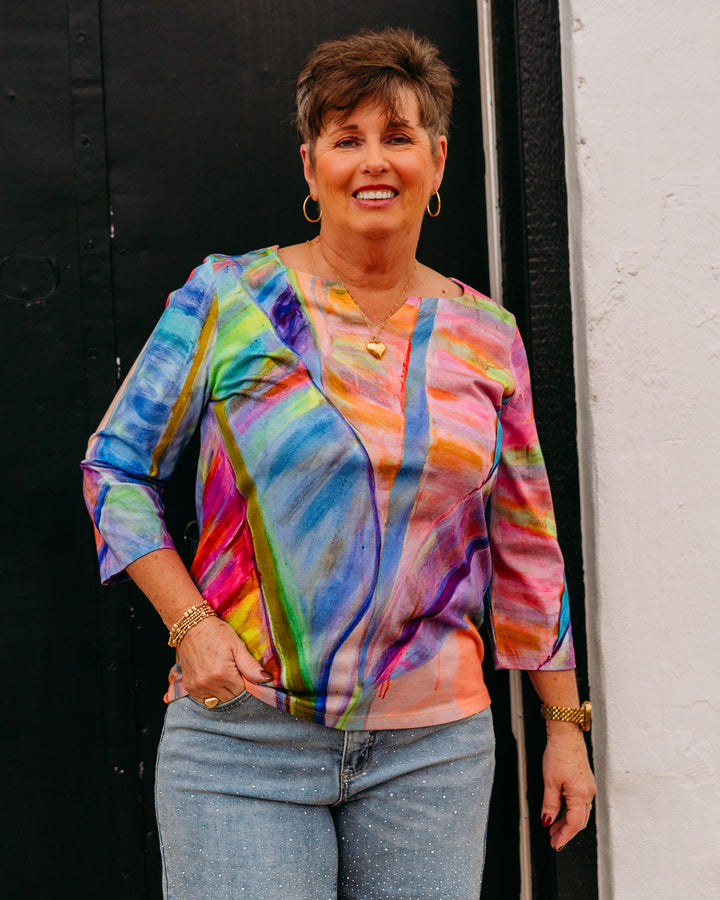 French Dressing Jeans: Notch Neck Top in Neon Palm (198197) - The Vogue Boutique