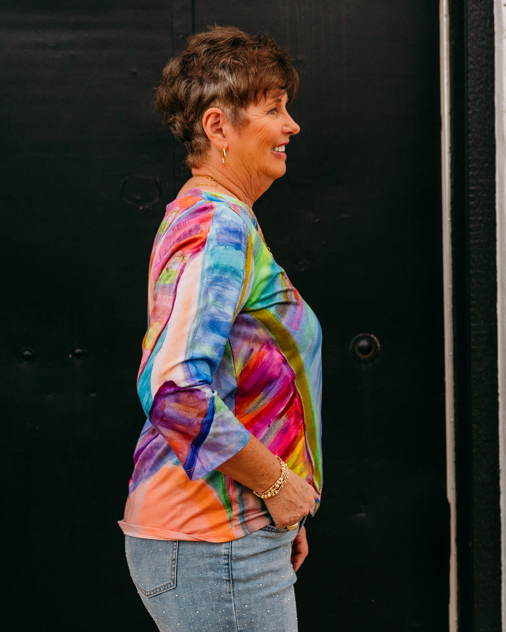 French Dressing Jeans: Notch Neck Top in Neon Palm (198197) - The Vogue Boutique
