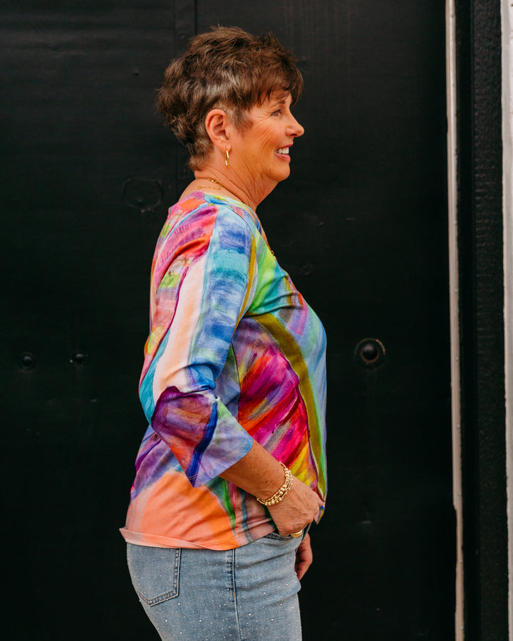 French Dressing Jeans: Notch Neck Top in Neon Palm (198197) - The Vogue Boutique