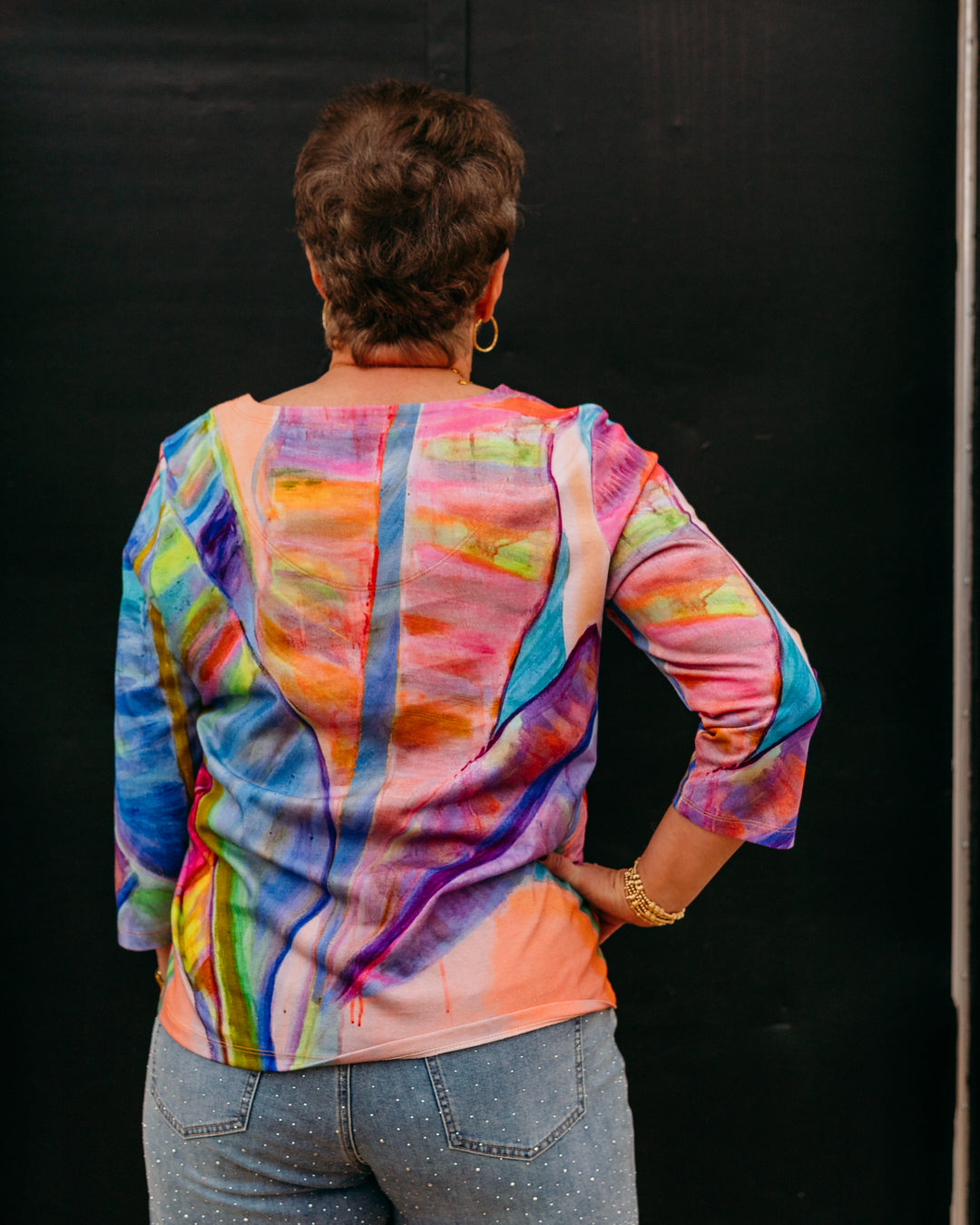 French Dressing Jeans: Notch Neck Top in Neon Palm (198197) - The Vogue Boutique