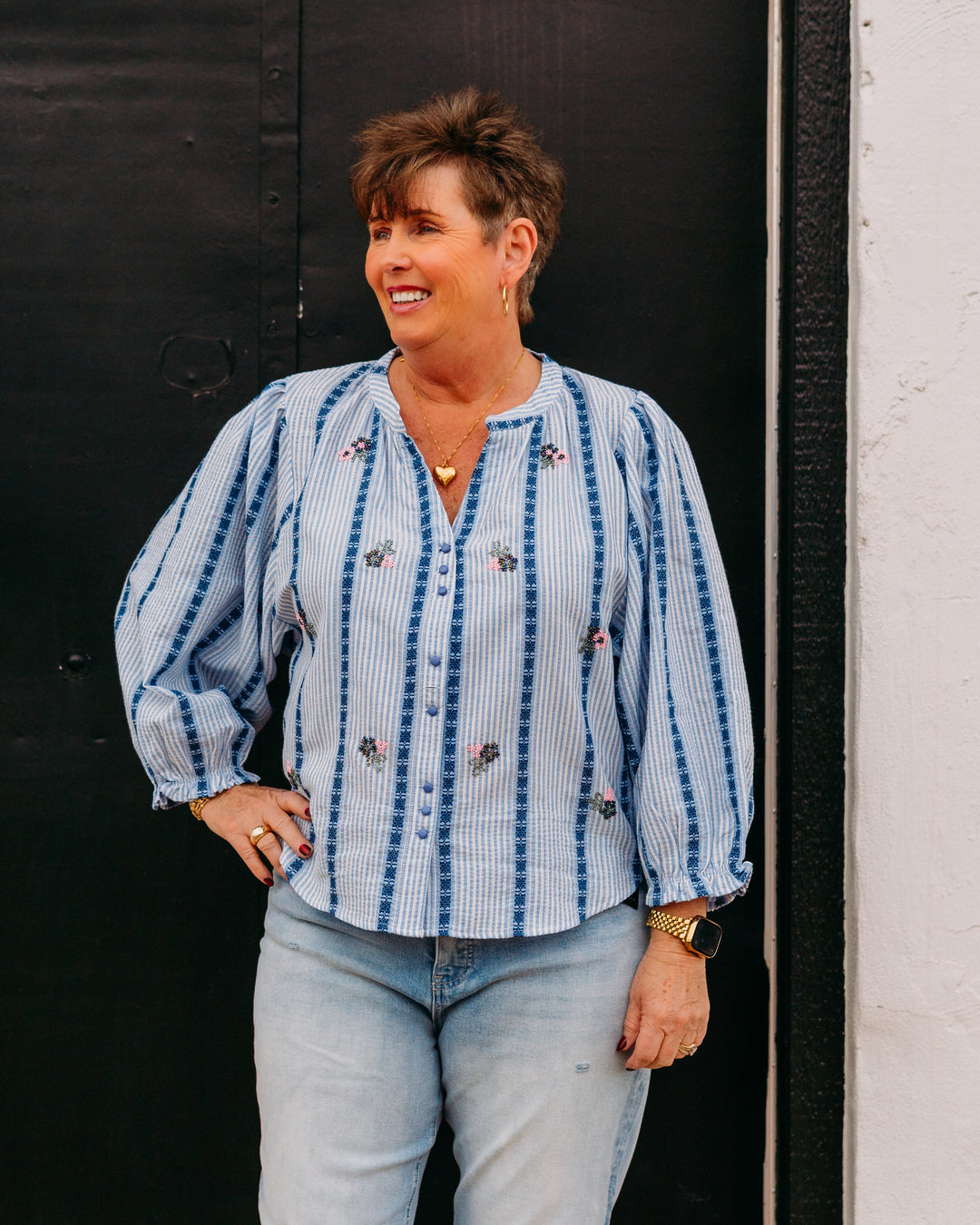 French Dressing Jeans: Embellished Shirt in Indigo Strip (447188) - The Vogue Boutique