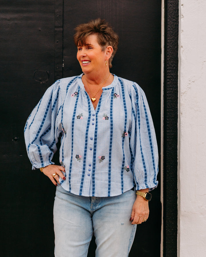 French Dressing Jeans: Embellished Shirt in Indigo Strip (447188) - The Vogue Boutique
