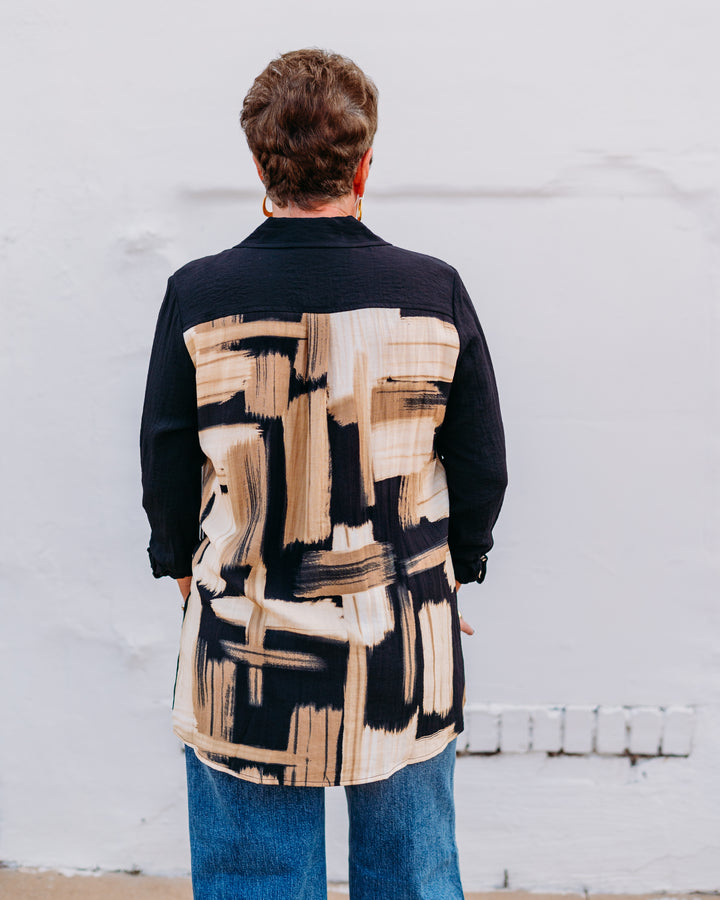 Multiples: (Natural Allure) Roll Tab Long Sleeve Hi-Lo Button Front in Multi (M35308BM)