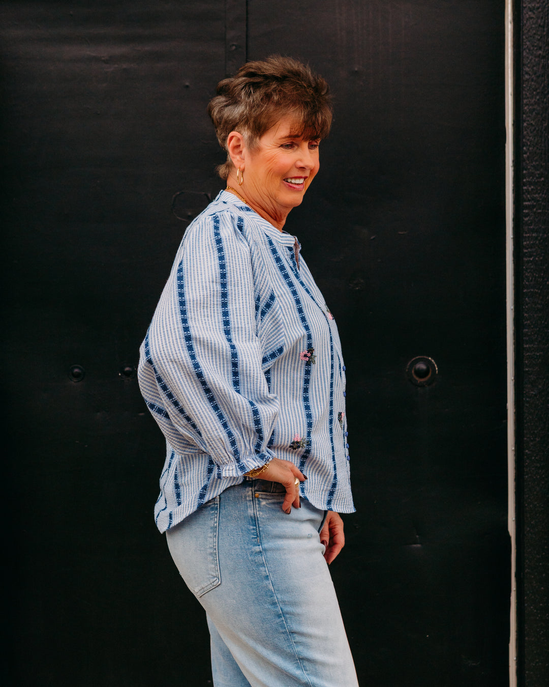 French Dressing Jeans: Embellished Shirt in Indigo Strip (447188) - The Vogue Boutique