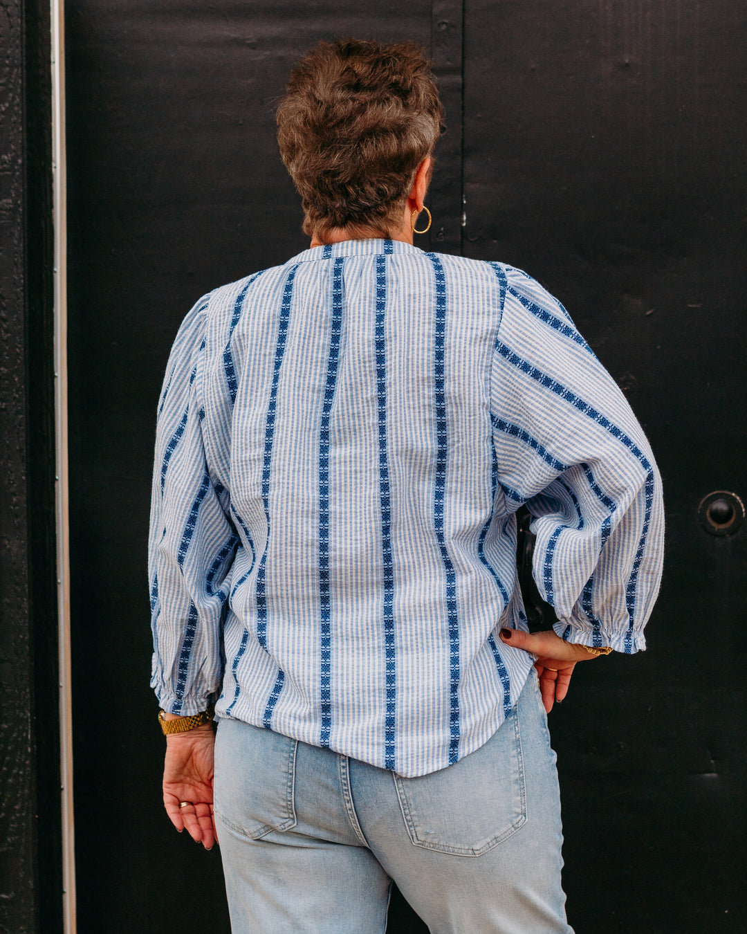 French Dressing Jeans: Embellished Shirt in Indigo Strip (447188) - The Vogue Boutique