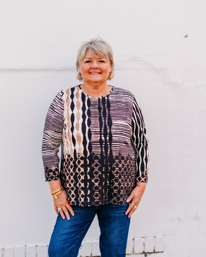 Multiples: (Natural Allure) 3/4 Sleeve Scoop Neck Embellished Top in Multi (M35309TM)