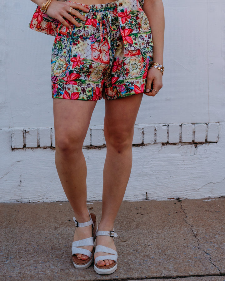 Joy Joy: Cuffed Pull on Shorts in Floral Patch (76A7500-5) - The Vogue Boutique
