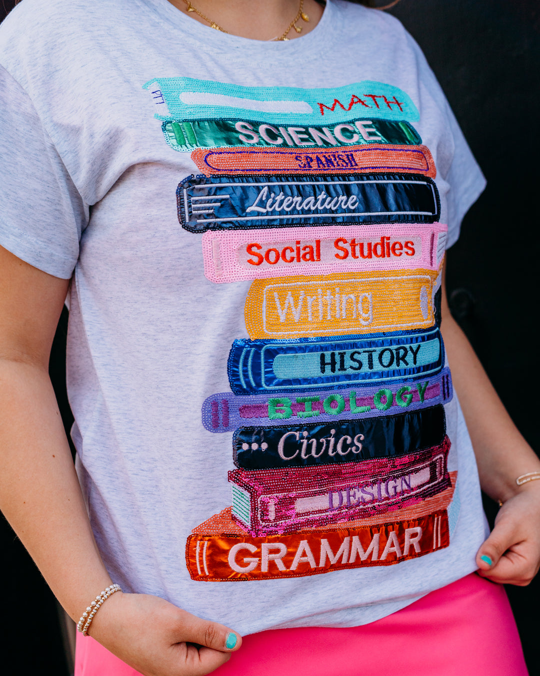 Queen Of Sparkles: School Books Tee in Grey (SP26278) - The Vogue Boutique