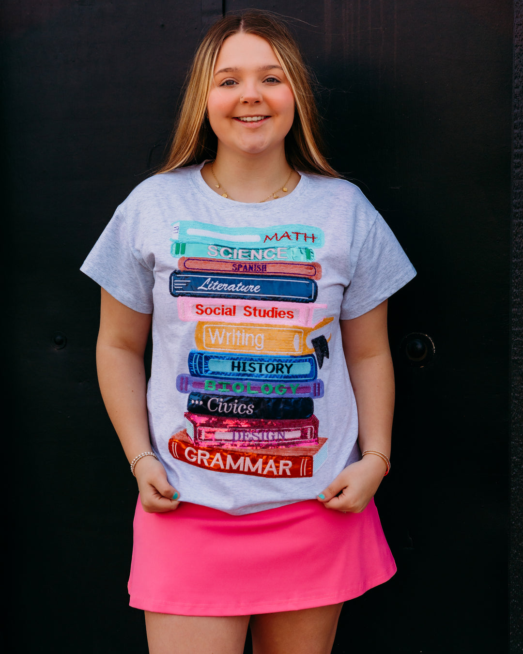 Queen Of Sparkles: School Books Tee in Grey (SP26278) - The Vogue Boutique