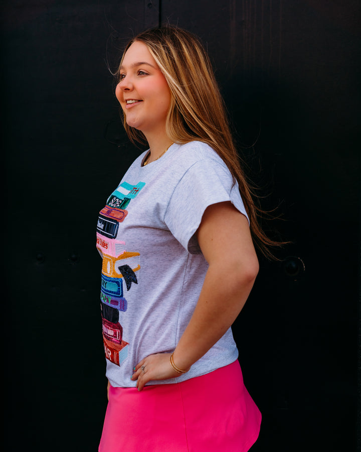 Queen Of Sparkles: School Books Tee in Grey (SP26278) - The Vogue Boutique