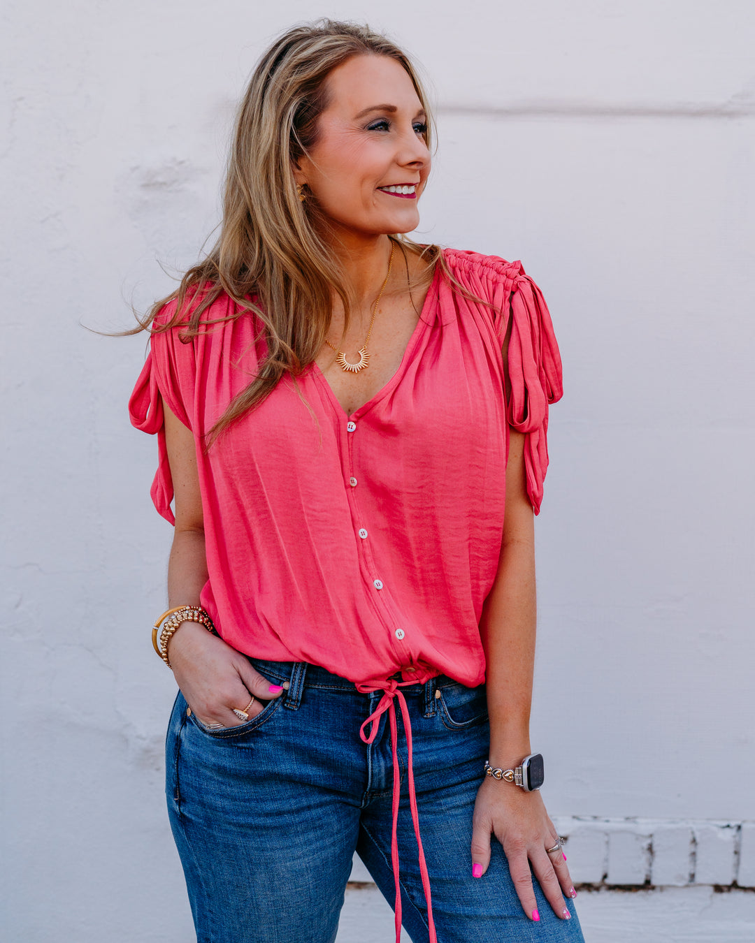 Liverpool: Dolman V Neck Woven Top W/ Ties in Perfect Pink (LM8K91PS3) - The Vogue Boutique