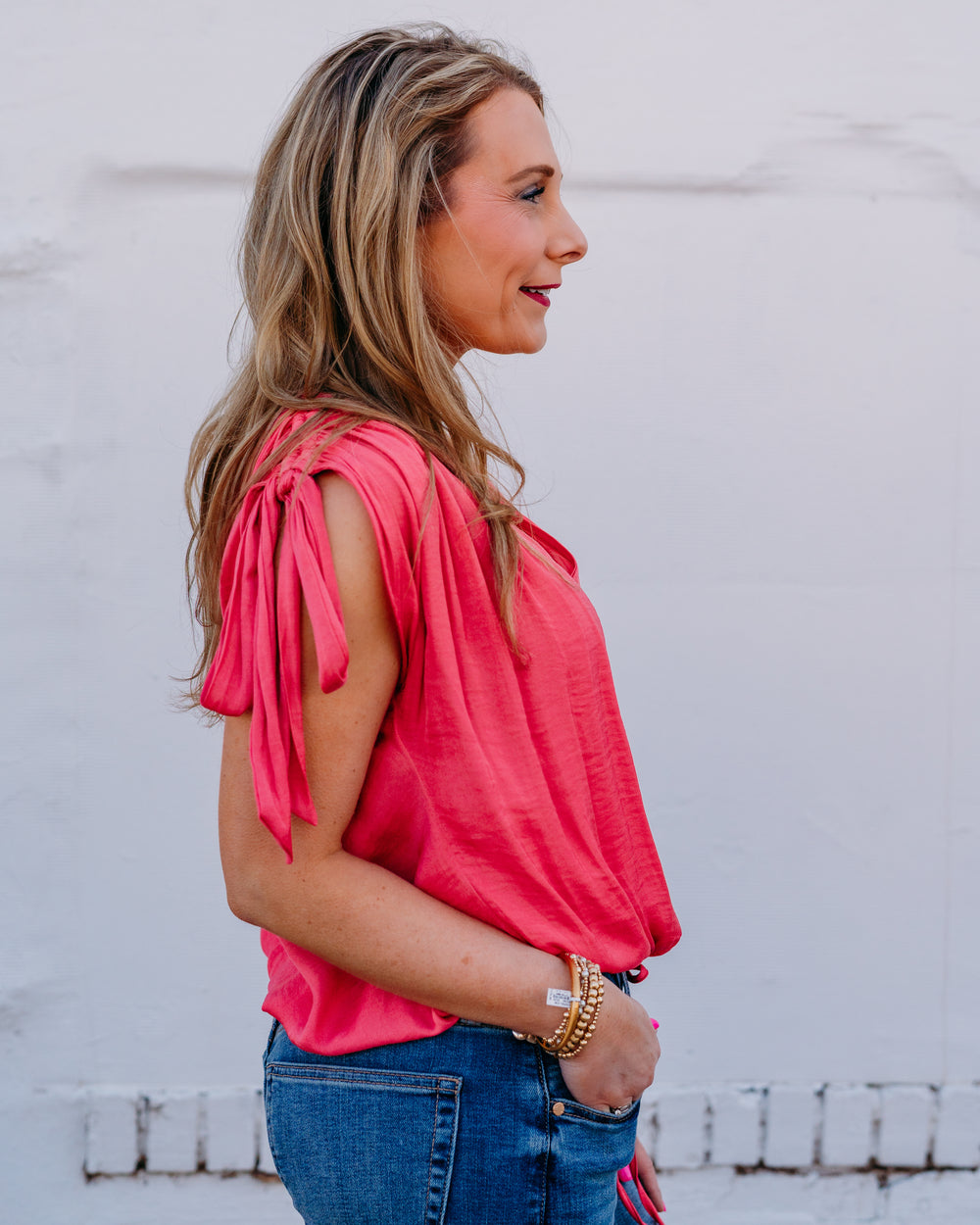 Liverpool: Dolman V Neck Woven Top W/ Ties in Perfect Pink (LM8K91PS3) - The Vogue Boutique