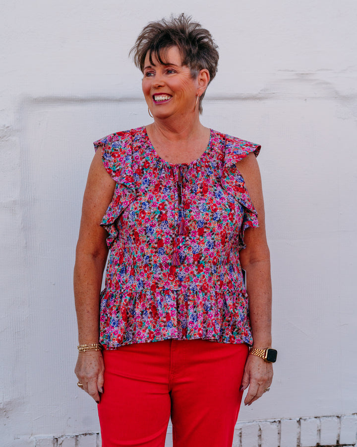 Liverpool: Flutter Sleeve Peplum Woven Top W Ties in Pink Multi - The Vogue Boutique