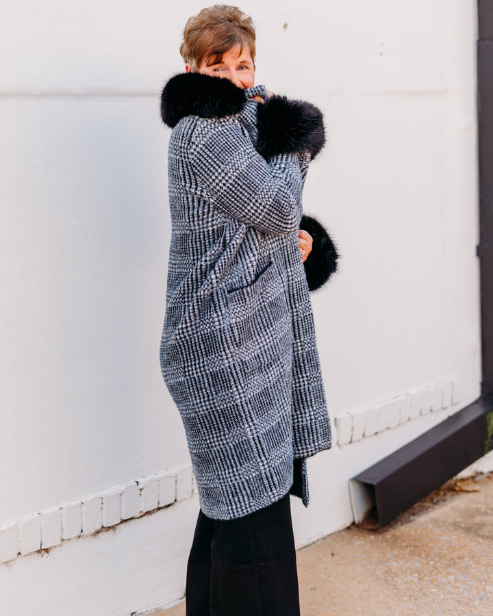 Joseph Ribkoff: Feather Yarn Plaid Jacquard Coat with Faux Fur Trim (253900)