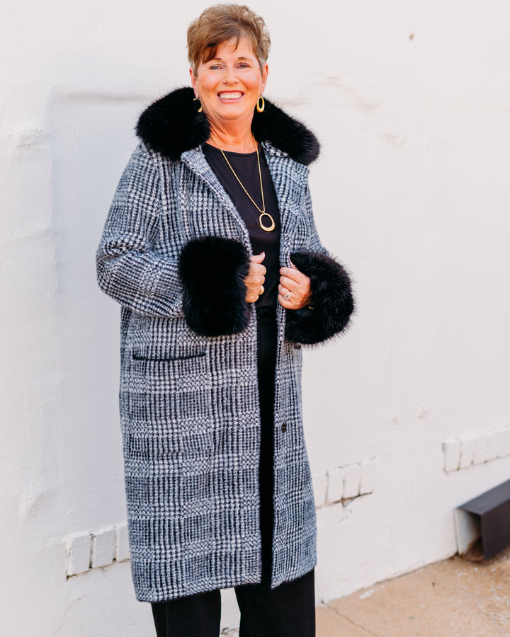 Joseph Ribkoff: Feather Yarn Plaid Jacquard Coat with Faux Fur Trim (253900)