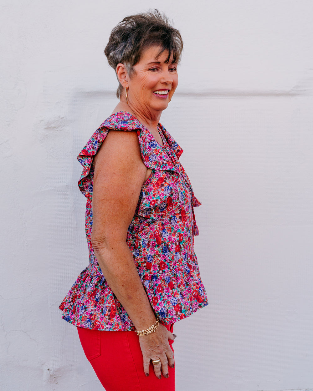 Liverpool: Flutter Sleeve Peplum Woven Top W Ties in Pink Multi - The Vogue Boutique