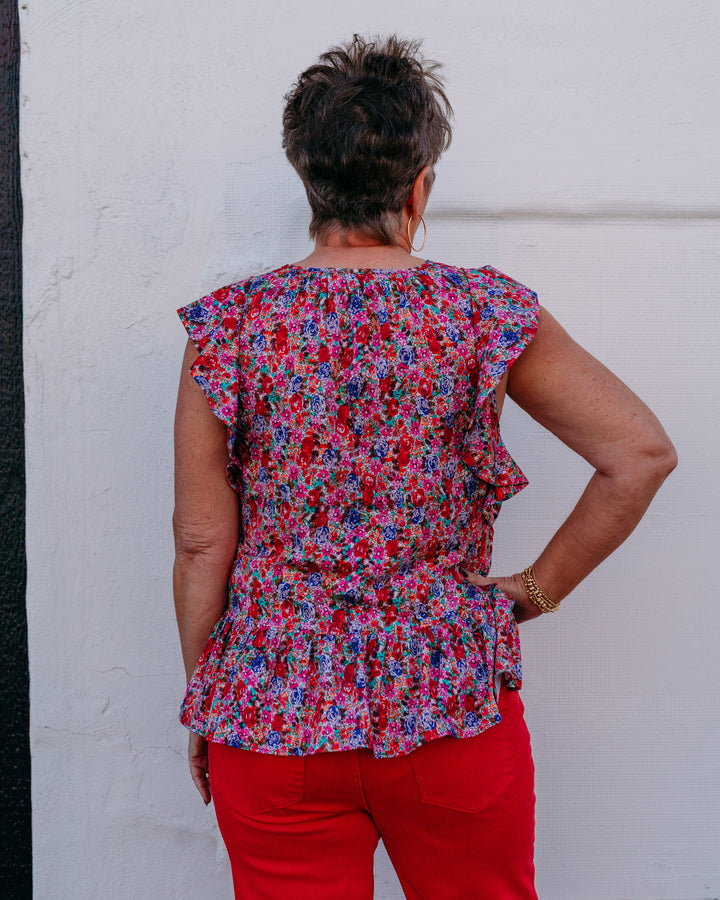 Liverpool: Flutter Sleeve Peplum Woven Top W Ties in Pink Multi - The Vogue Boutique