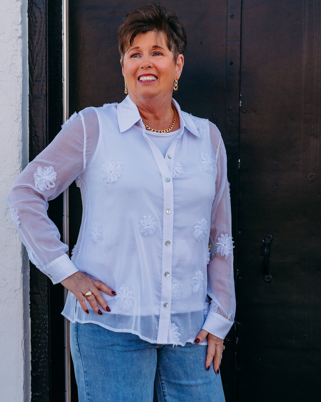 Multiples: Cuffed Long Sleeve Button Front Shirt and Tank (Spring Tide) (M16305BM) - The Vogue Boutique