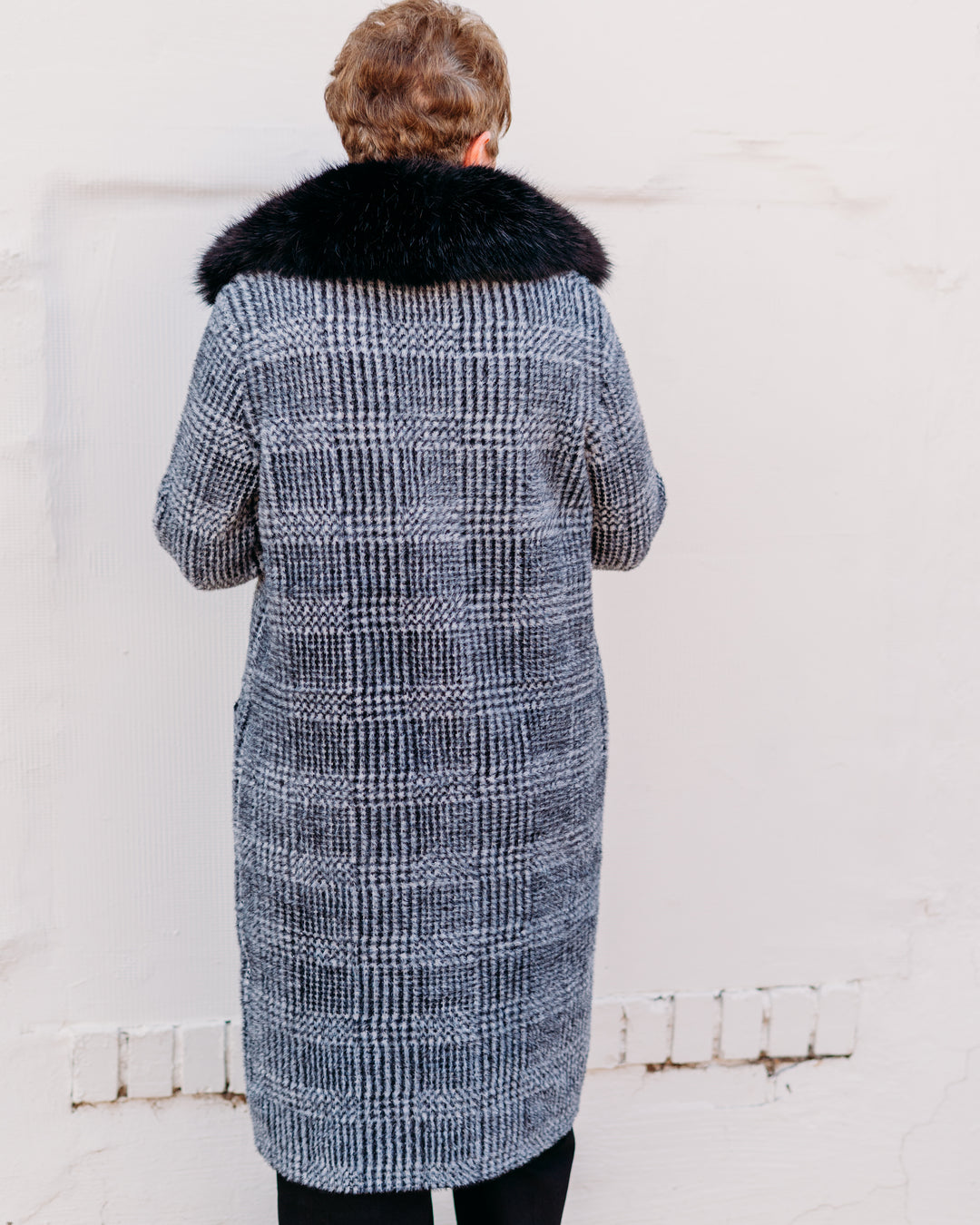 Joseph Ribkoff: Feather Yarn Plaid Jacquard Coat with Faux Fur Trim (253900)