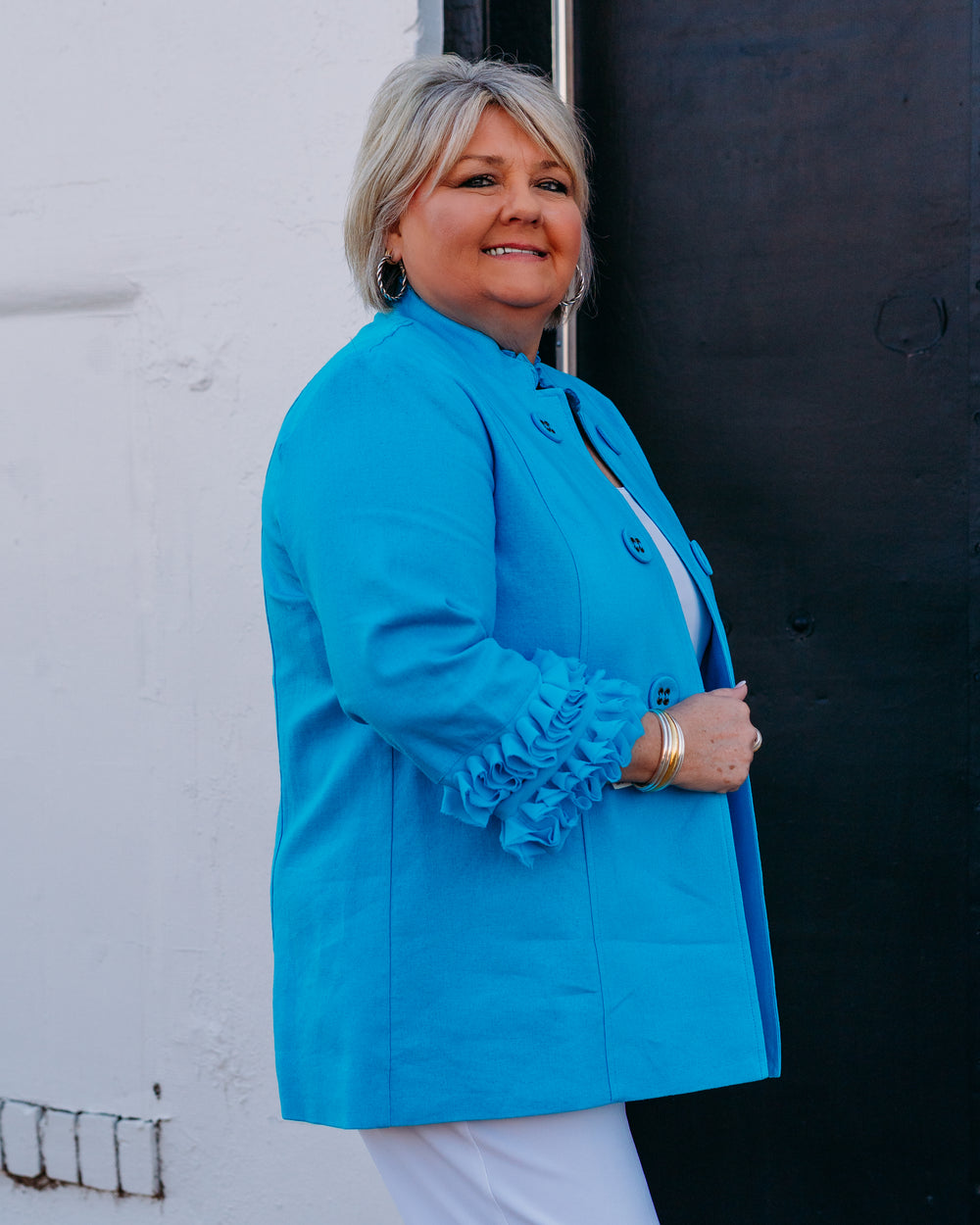 Multiples: 3/4 Sleeve Stand Collar Double Button Jacket (Spring Tide) (M16114JM) - The Vogue Boutique