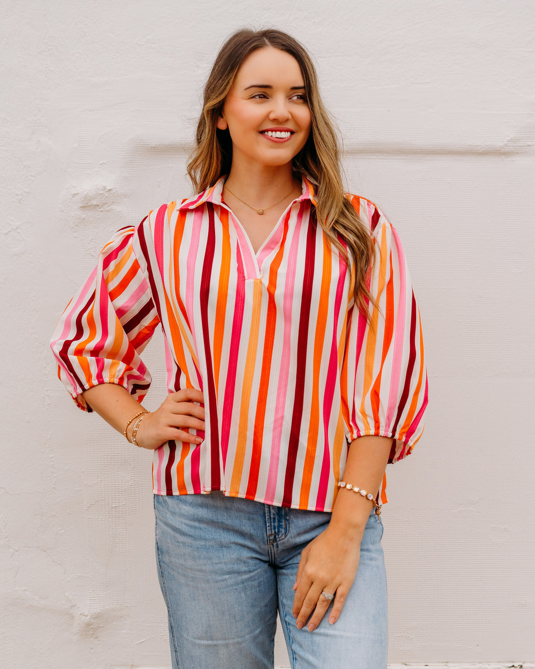 Joy Joy: Collar Top in Rose Stripe (78E7658)