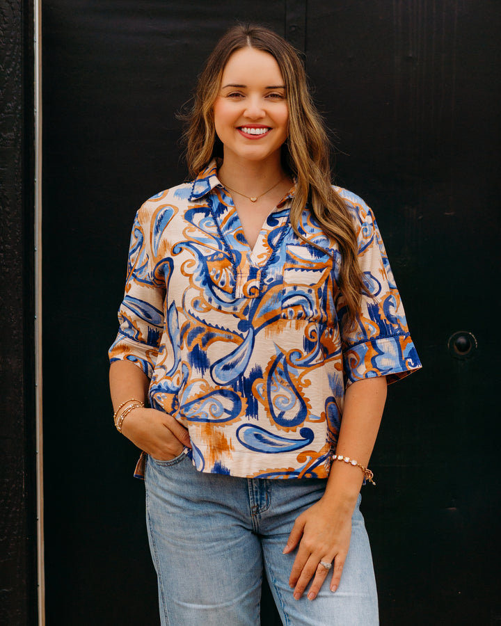 Joy Joy: Pocket Overshirt in Golden Blue Paisley (78E4956)