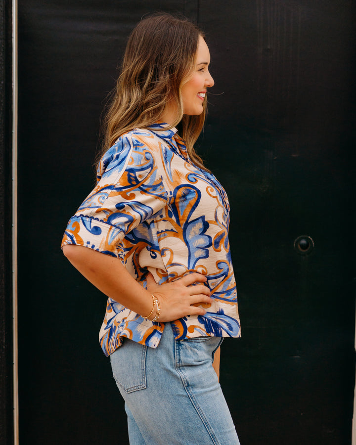 Joy Joy: Pocket Overshirt in Golden Blue Paisley (78E4956)