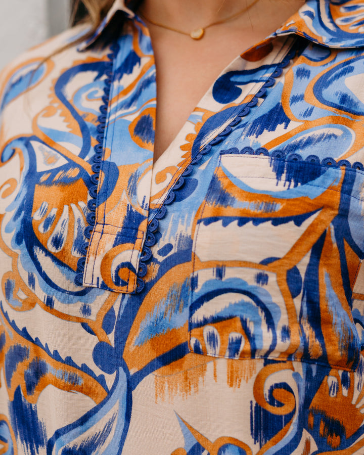 Joy Joy: Pocket Overshirt in Golden Blue Paisley (78E4956)