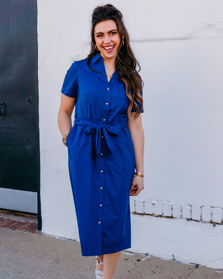 Joy Joy: Pocket Midi Shirtdress Navy (76B8019) - The Vogue Boutique