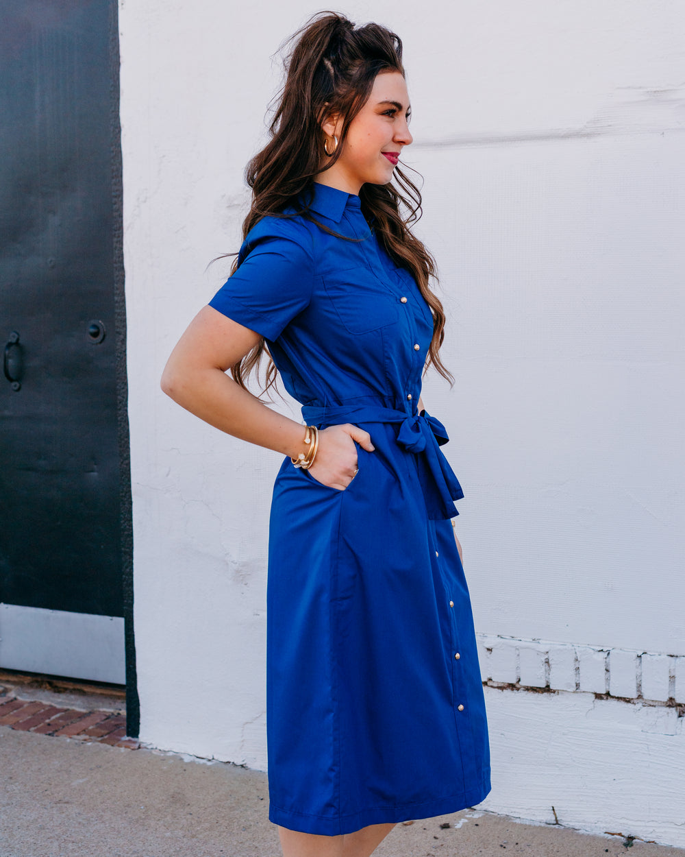 Joy Joy: Pocket Midi Shirtdress Navy (76B8019) - The Vogue Boutique