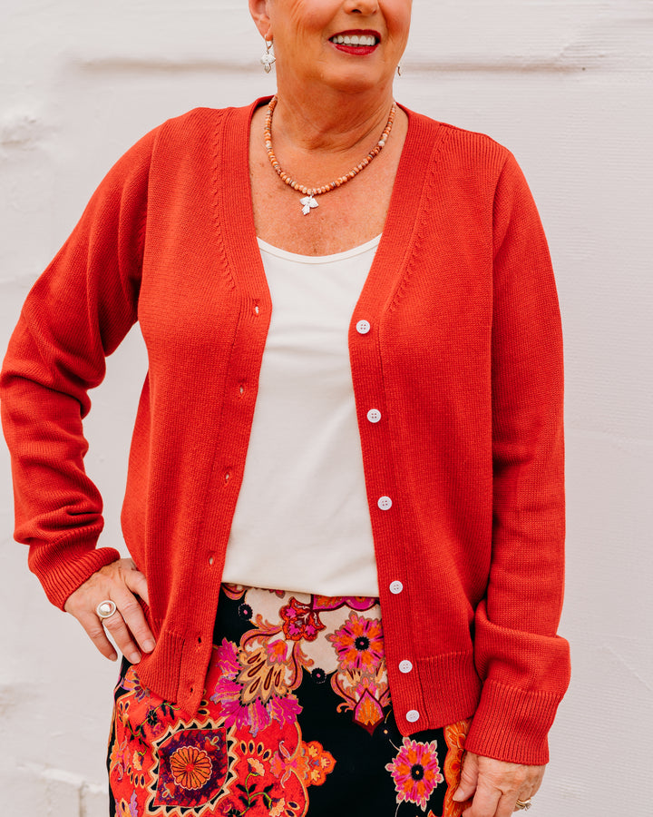 Karen Kane: V-Neck Cardigan Sweater in Tomato