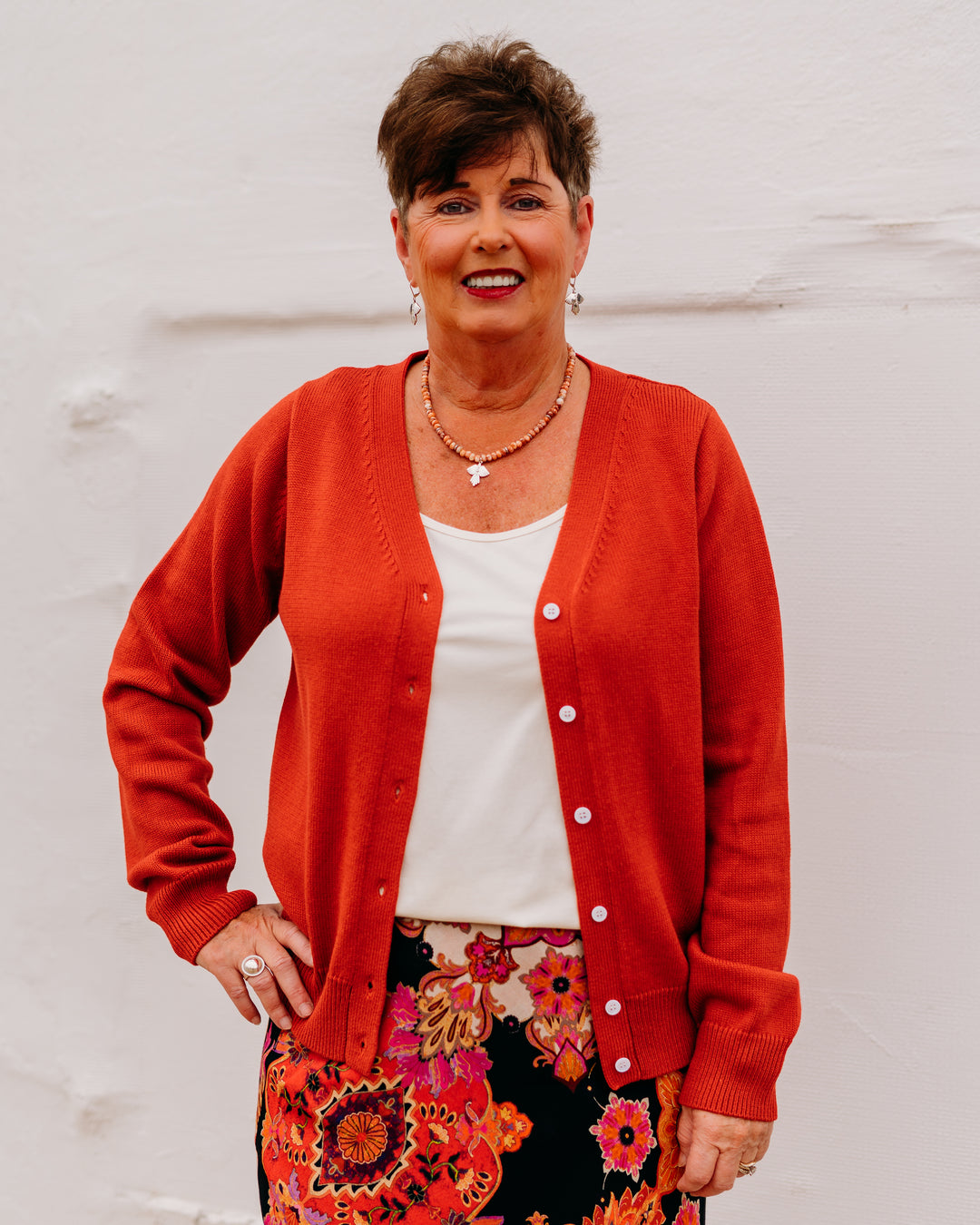 Karen Kane: V-Neck Cardigan Sweater in Tomato