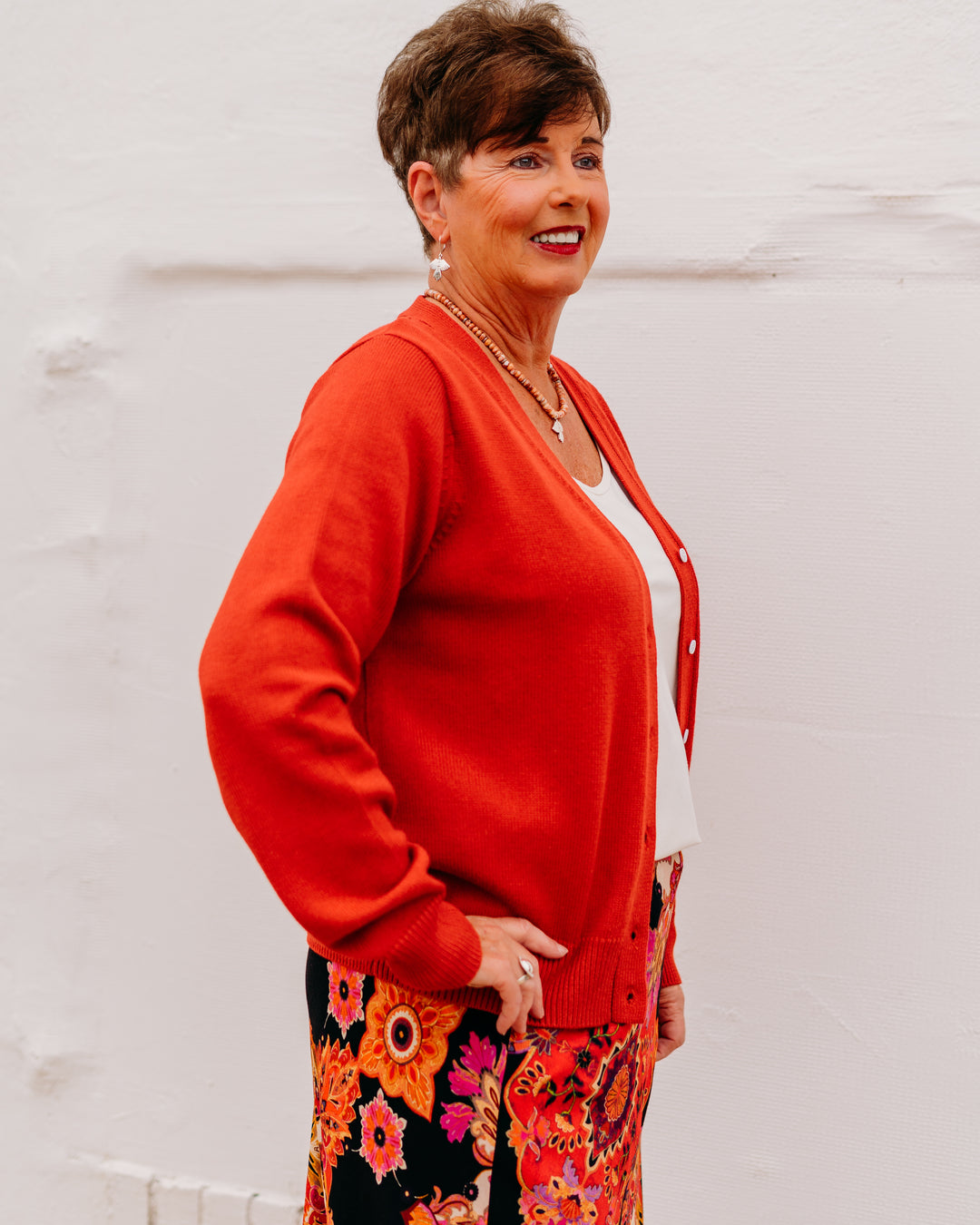 Karen Kane: V-Neck Cardigan Sweater in Tomato