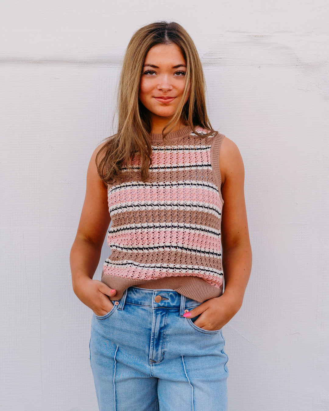 Varley: Deeley Stripe Stitch Tank in Warm Taupe / Mellow Rose (VAR03292) - The Vogue Boutique