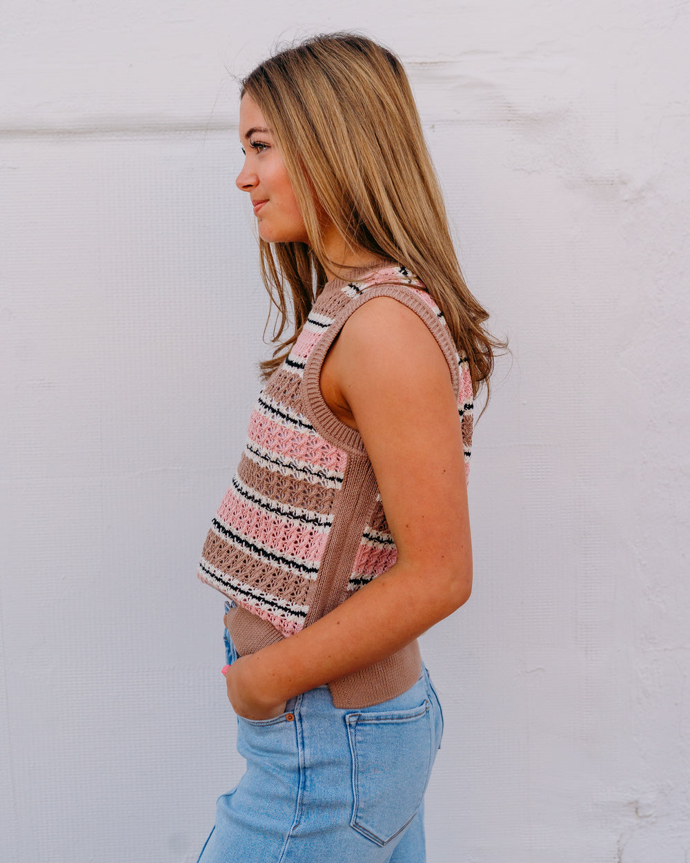 Varley: Deeley Stripe Stitch Tank in Warm Taupe / Mellow Rose (VAR03292) - The Vogue Boutique