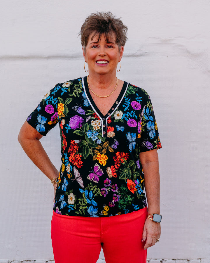 Johnny Was: The Janie Favorite Short Sleeve Henley Tee in Kahlan in Kahlani (T11626A)