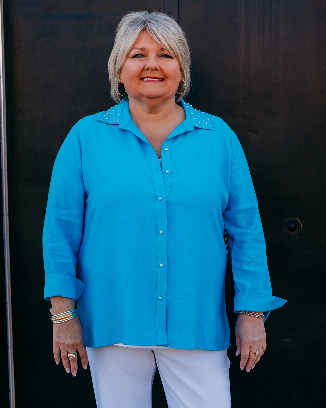 Multiples: 3/4 Cuff Sleeve Button Front Embellished Shirt (Spring Tide) (M16306BM) - The Vogue Boutique