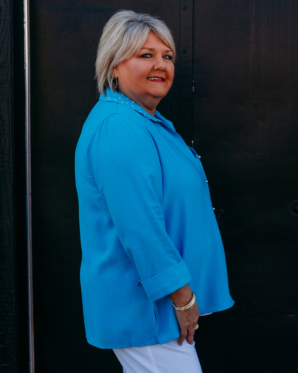 Multiples: 3/4 Cuff Sleeve Button Front Embellished Shirt (Spring Tide) (M16306BM) - The Vogue Boutique