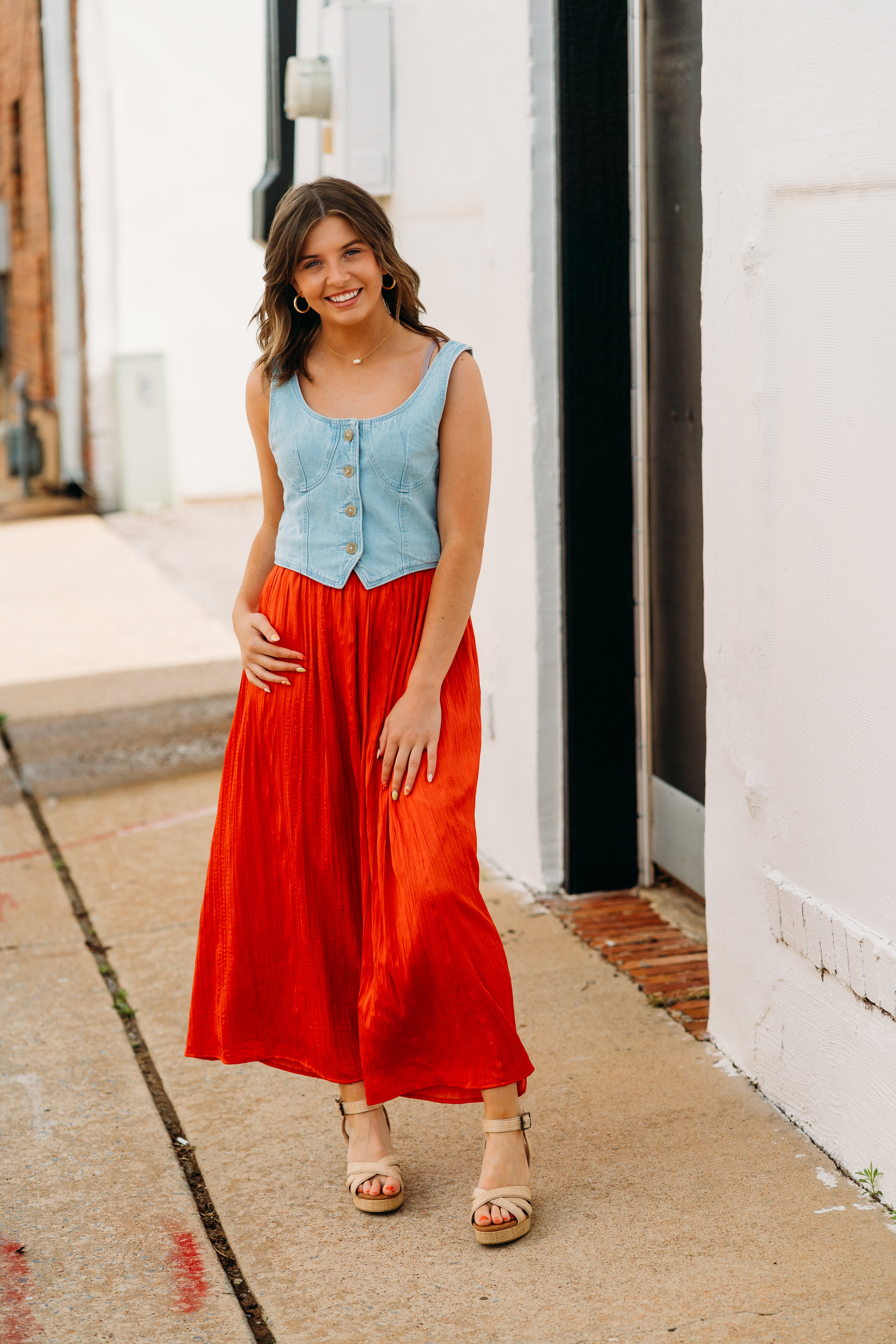 Z Supply Nicoline Crinkle Midi Skirt in Cabana Red | Relaxed Fit