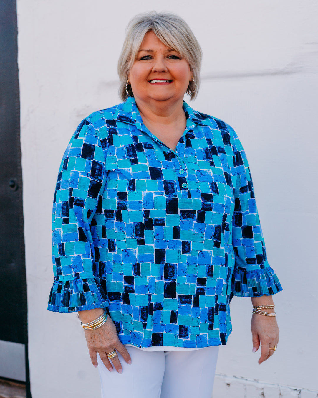 Multiples: Pleated Flounce 3/4 Sleeve Top (Spring Tide) (M16108TM) - The Vogue Boutique