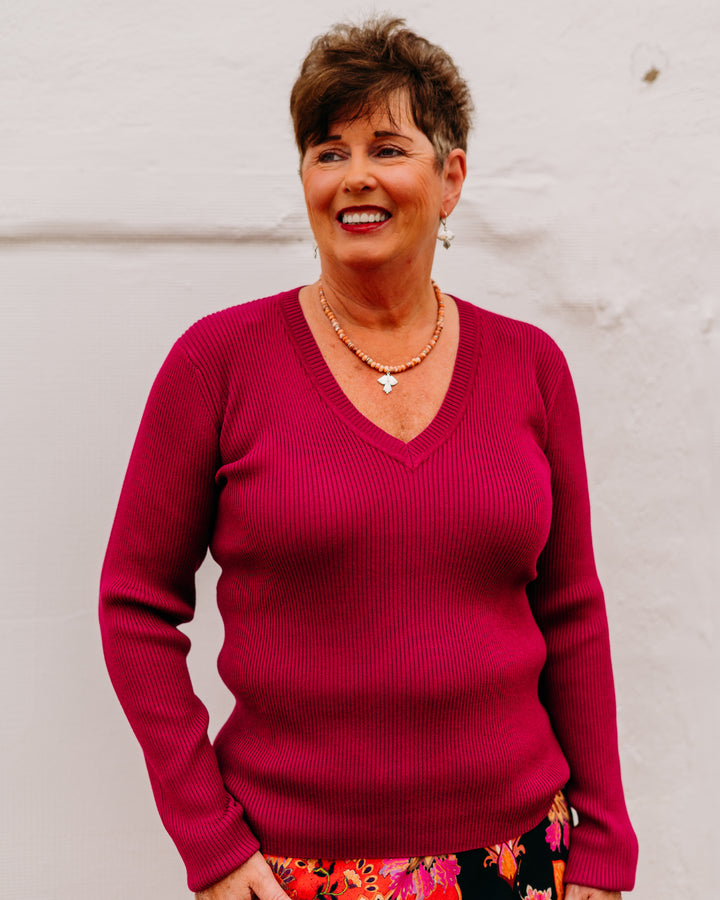 Karen Kane: Ribbed V-Neck Sweater in Magenta