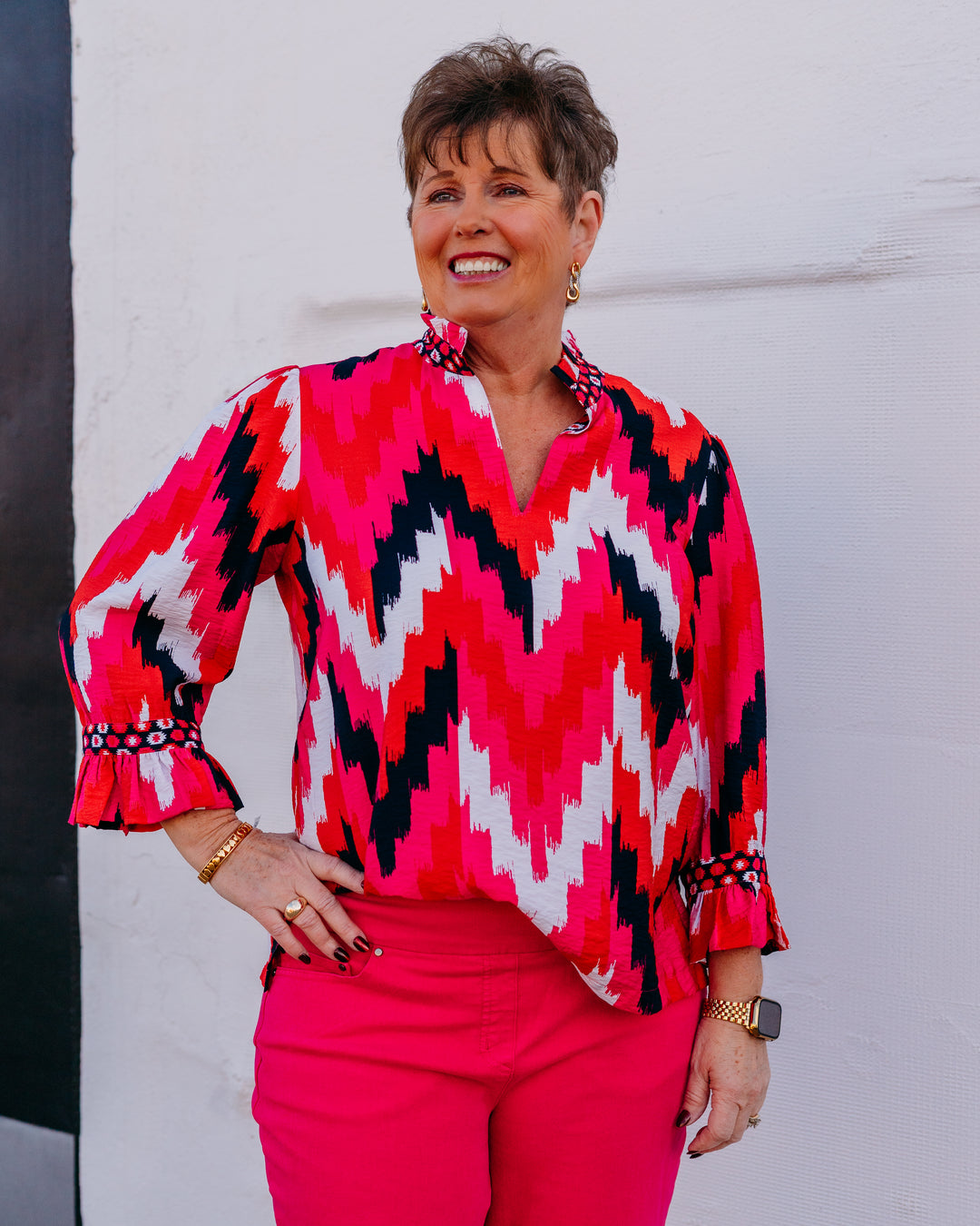 Multiples: Cuffed 3/4 Flounce Sleeve Ruffle Neck Top (Candy Pink) (M16602TM) - The Vogue Boutique