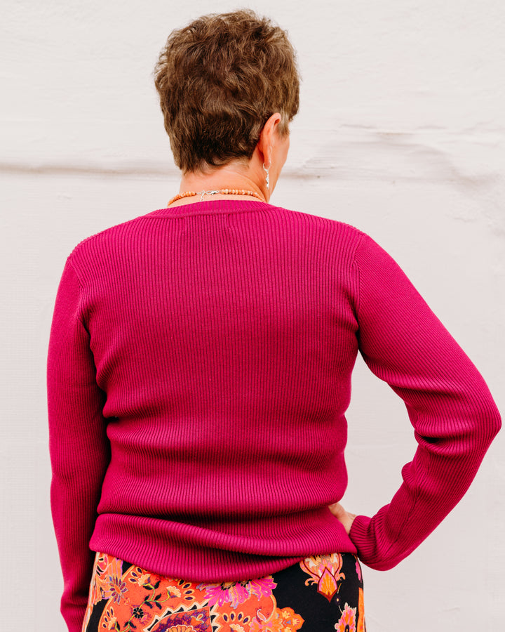 Karen Kane: Ribbed V-Neck Sweater in Magenta