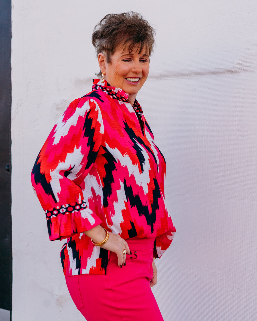 Multiples: Cuffed 3/4 Flounce Sleeve Ruffle Neck Top (Candy Pink) (M16602TM) - The Vogue Boutique