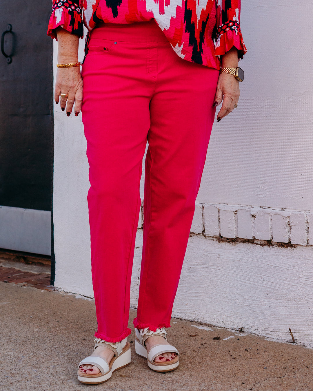 Multiples: Fringe Hem Ankle Pant (Candy Pink) (M35714PM) - The Vogue Boutique