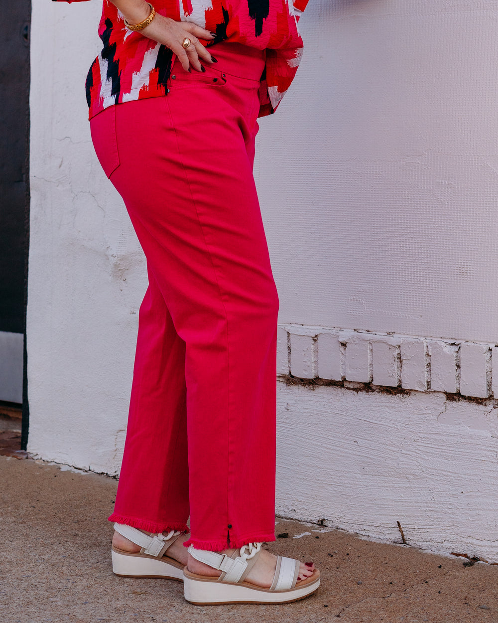 Multiples: Fringe Hem Ankle Pant (Candy Pink) (M35714PM) - The Vogue Boutique