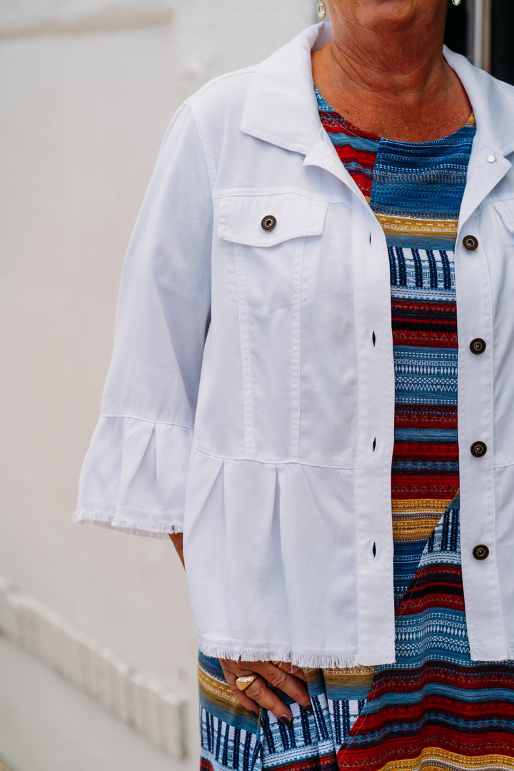 Multiples: (Liberty) Flounce Sleeve Peplum Jacket in White M25506JM