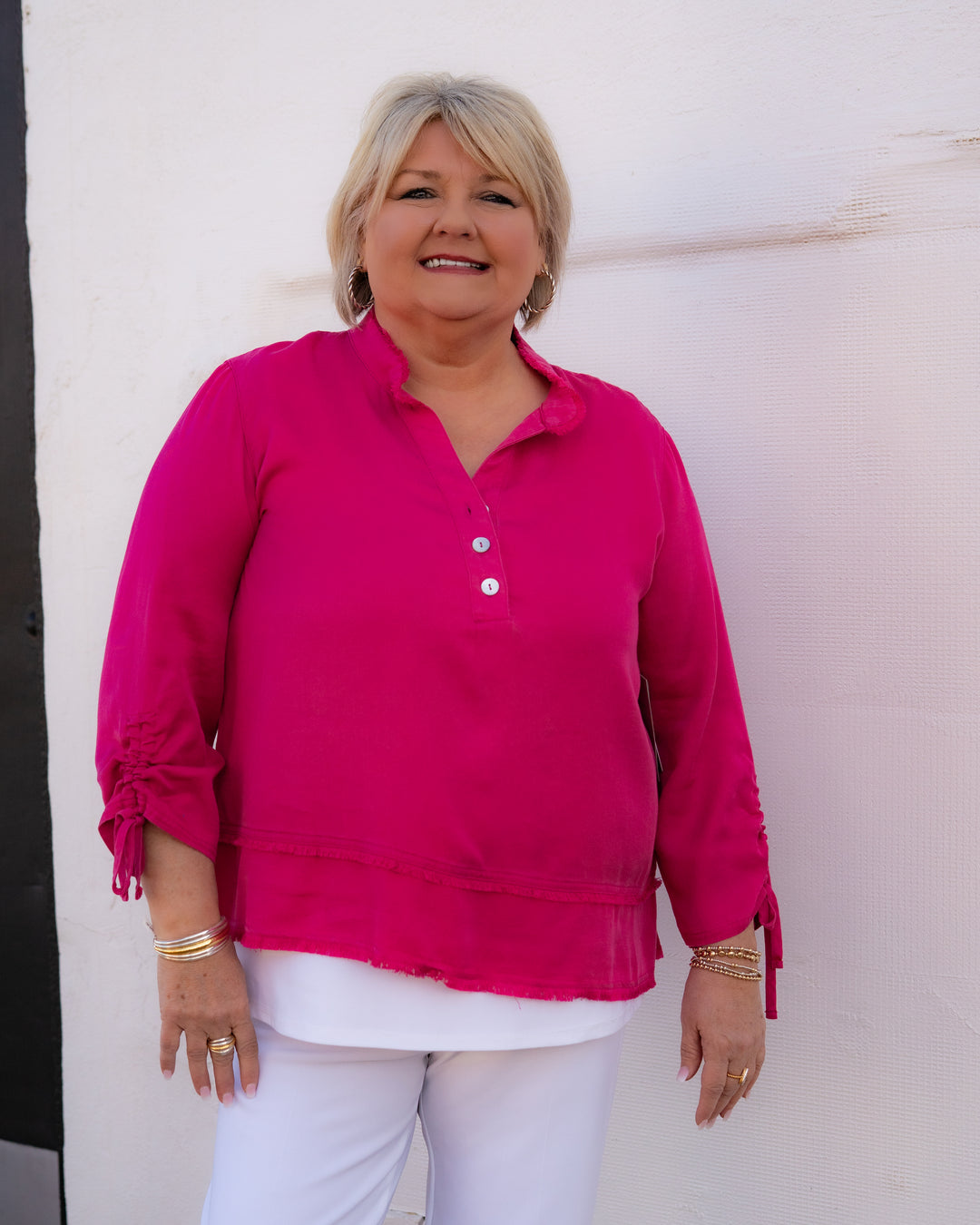 Multiples: 3/4 Sleeve Double Fringe Hem Top (Candy Pink) (M16111TM) - The Vogue Boutique