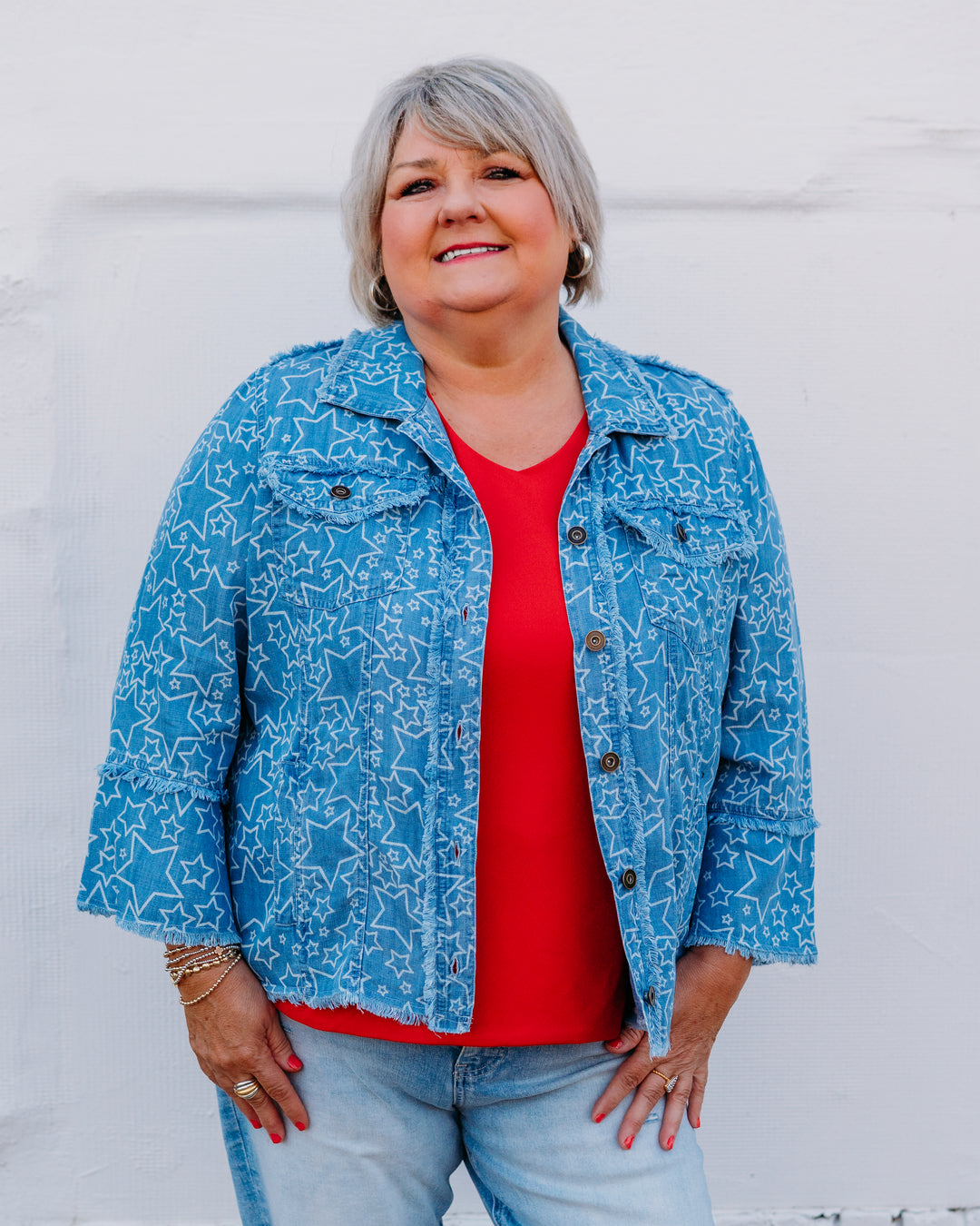 Multiples: (Freedom Rings) 3/4 Flounce Sleeve Button Fringe Trim Jacket in Blue (M26308JM) - The Vogue Boutique