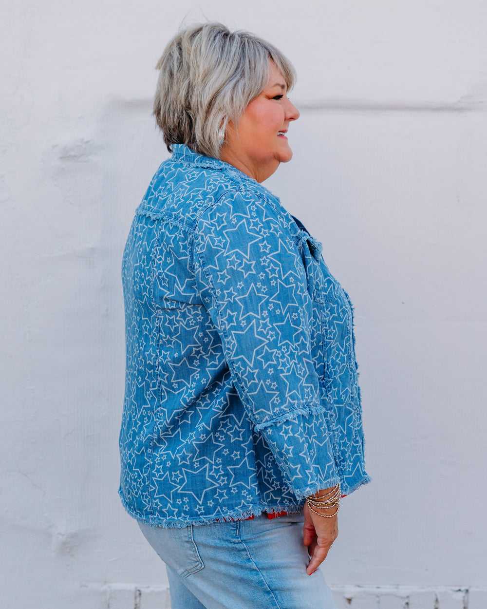 Multiples: (Freedom Rings) 3/4 Flounce Sleeve Button Fringe Trim Jacket in Blue (M26308JM) - The Vogue Boutique